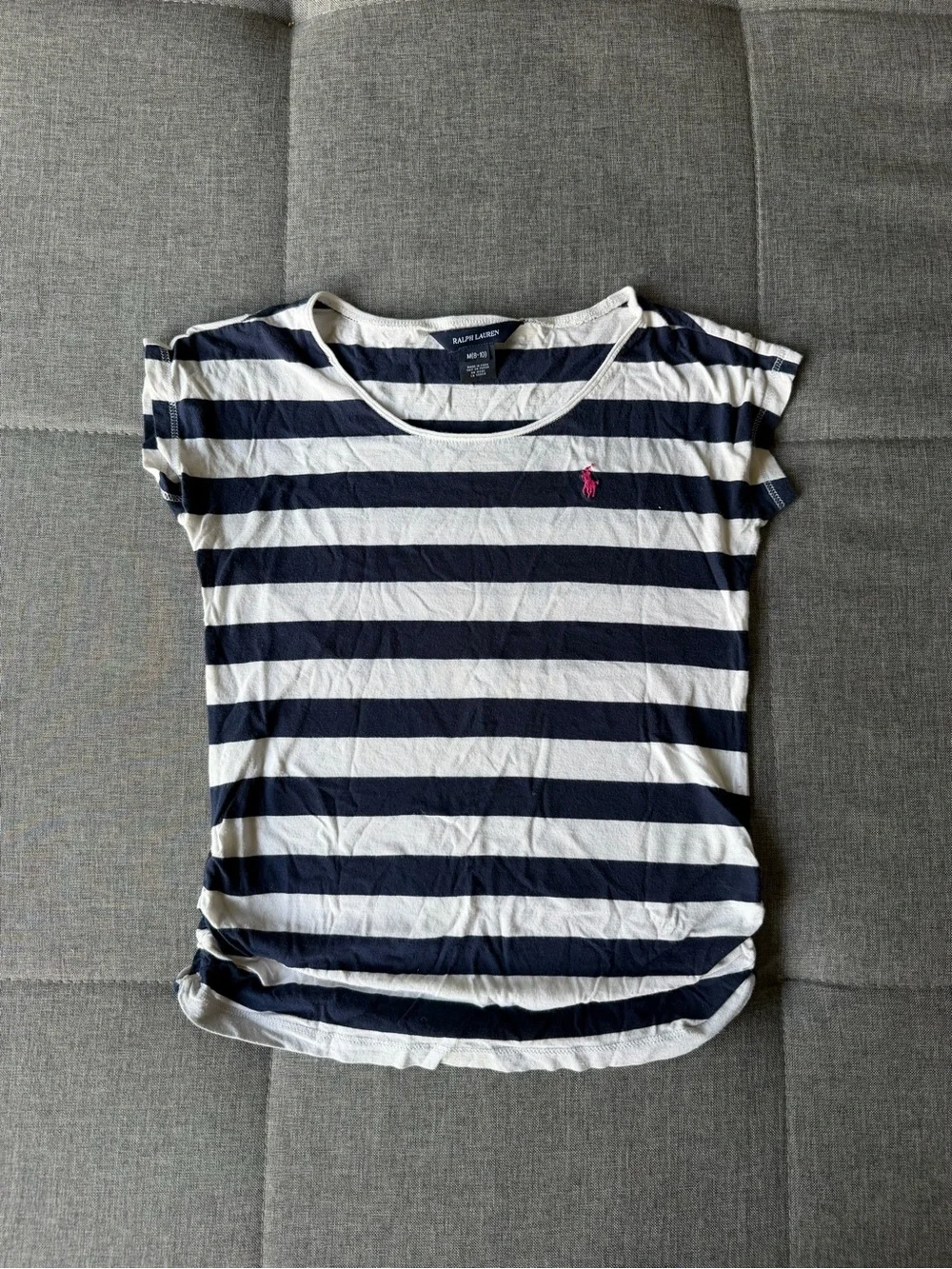 Ralph Lauren Navy & White Striped Tee with Pink Polo Pony